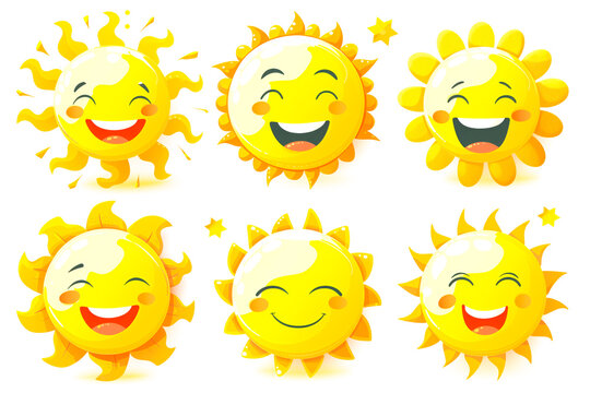 Cute suns. Sunshine emoji, cute smiling faces. Summer sunlight emoticons and morning sunny weather. Isolated funny smileys vector icons. Sunshine and sunny emoji, yellow face emoticon illustration