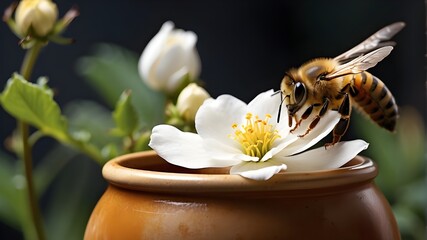 
"Nurturing Harmony: Close-Up of a Pot with a Single White Flower, Honey Bee Sipping Nectar, Exemplifying Nature's Love and Care"
