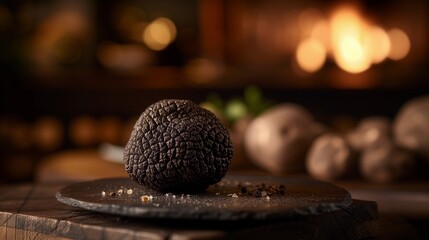 Black truffles on black stone plate - obrazy, fototapety, plakaty