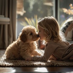In a quiet corner of the living room, a young child shares a moment of affection with their puppy, kissing it on the nose with a gentleness that speaks volumes. 