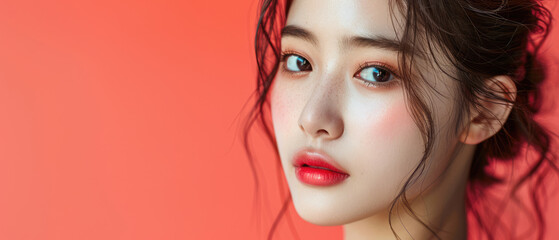 Obraz premium Young Asian beauty woman with perfect skin. Horizontal banner. Copy space for text