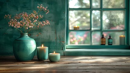 a vase of flowers and two candles on a table in front of a window with a window sill in the background.