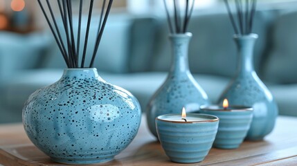 a group of blue vases sitting on top of a wooden table next to a candle and a candle holder.