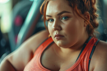 Overweight plus size woman working out in the gym