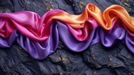 An abstract design with lustrous satin ribbons in a spectrum of jewel tones lying on a textured dark slate. 