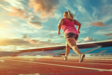 Overweight Plus size woman running jogging at the stadium - obrazy, fototapety, plakaty