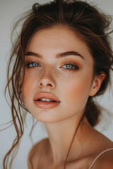 Naklejka premium Young beautiful woman on a light gray background
