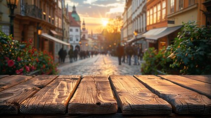 Empty wooden table in the corner of urban european street, blur background with passerby table - obrazy, fototapety, plakaty