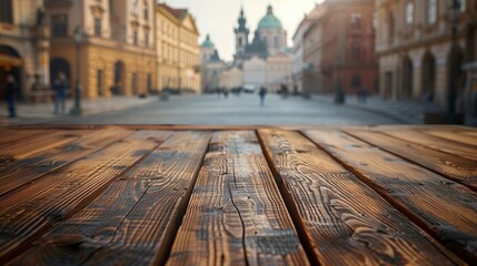 Empty wooden table in the corner of urban european street, blur background with passerby table - Powered by Adobe