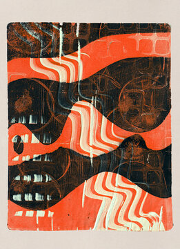 Abstract acrylic monoprint in orange and black