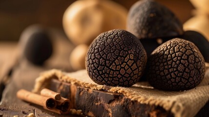 Black and white truffles on wooden background - obrazy, fototapety, plakaty