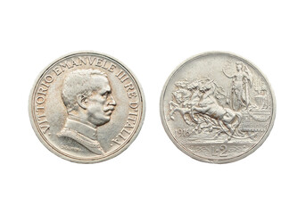 Italian old silver coin 2 lira 1916, King Vittorio Emanuele - obrazy, fototapety, plakaty