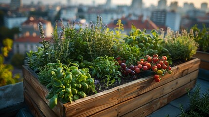 An urban rooftop garden with space-maximizing planters filled with herbs and vegetables,...