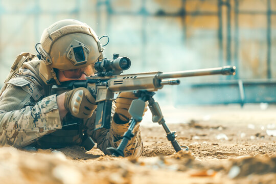 Army soldier in action aiming at weapon laser sight optics. Shooting and weapons. Outdoor shooting range