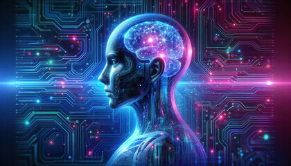 futuristic AI concept depicting a humanoid robot profile with a transparent head, revealing intricate networks and connections