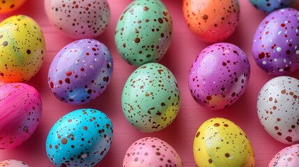 Fototapeta na wymiar a bunch of colorful speckled eggs sitting on top of a pink surface with speckled eggs in the middle.