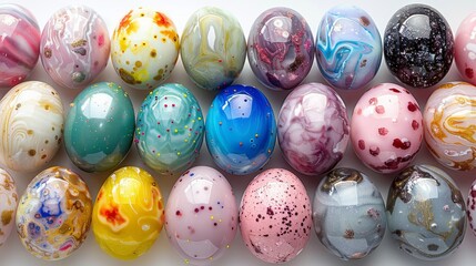 a group of different colored eggs sitting next to each other on a white counter top with gold speckles on them.
