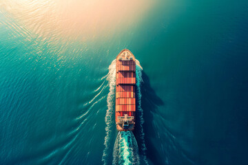 Aerial view from drone, Container ship or cargo shipping business logistic import and export freight transportation by container ship in open sea, Container loading cargo freight ship boat