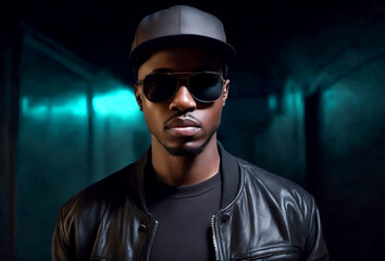 Portrait of a stylish black rapper wearing a leather jacket and baseball cap - obrazy, fototapety, plakaty