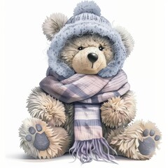 Illustration of a cute funny bear Teddy bear in a scarf in winter isolated on a light background, children's illustration for a postcard