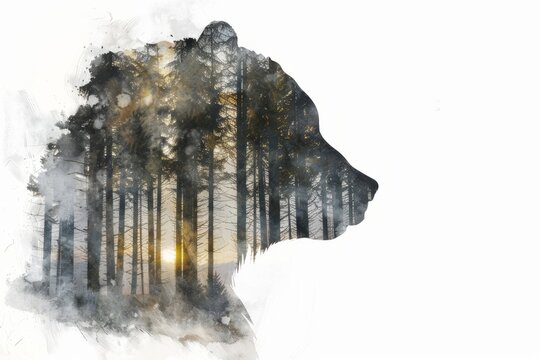Watercolor illustration image with double exposure of the head of a forest predator bear and its forest habitat
