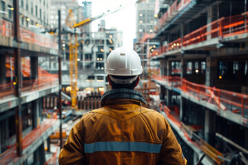 Engineer or builder at building site wearing hardhat