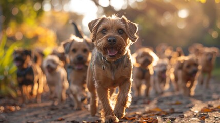 An animal shelter organizing community walks for pet owners, promoting the adoption of rescue animals as a sustainable choice and raising awareness about environmental impacts of pet overpopulation  - obrazy, fototapety, plakaty