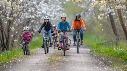 A group of people enjoy cycling on their bicycles through a beautiful natural landscape, surrounded by trees, grass, and plants. AIG41
