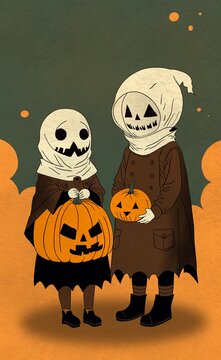 Young children in Halloween costumes 