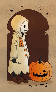Child with a mask decorating Halloween pumpkin