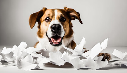 A silly dog playing with white papers on a white background. Generative AI. V-1