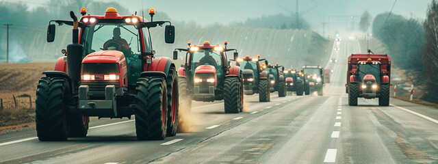 Many tractors are driving along the road to the protest. Selective focus. - obrazy, fototapety, plakaty