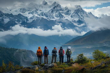 group of tourists on a hike in the mountains