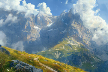 Fototapeta premium Landscape mountain peak in white clouds