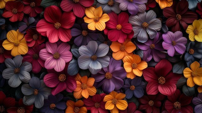 a close up of a bunch of flowers with many colors of flowers in the middle of the picture and the bottom half of the flowers in the middle of the picture.