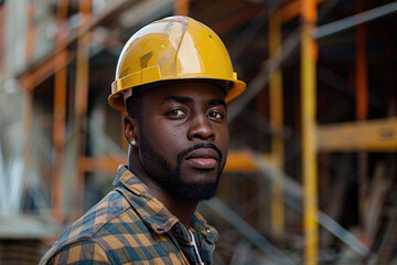 African American man builder engineer in hardhat at building site