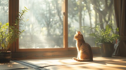 a serene morning scene of yoga practice in a spacious room, with a serene cat lounging in the...