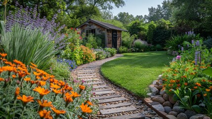 A serene garden path lined with native flowers and shrubs, leading to a tranquil water feature. Adjacent, a small shed houses eco-friendly lawn care tools and organic fertilizers