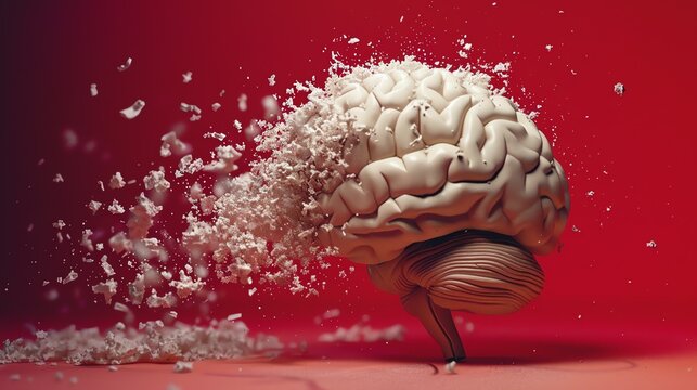 A human brain in mid-disintegration against a stark red backdrop, symbolizing the fragility and chaos of mental health.