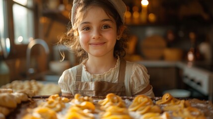 A mother snaps a photo of her daughter, who is proudly holding up a sheet of freshly baked cookies, capturing a memory of their kitchen adventures  - obrazy, fototapety, plakaty