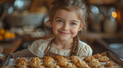A mother snaps a photo of her daughter, who is proudly holding up a sheet of freshly baked cookies, capturing a memory of their kitchen adventures  - obrazy, fototapety, plakaty