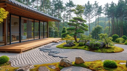 A minimalist Zen garden with carefully raked gravel, punctuated by evergreens and a moss-covered area, where a discreetly placed guide offers