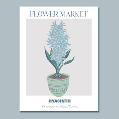 Flower poster. Trendy botanical wall art with hyacinth grows from a bulb in flowerpot. Fresh blooms, potted jacinth houseplant. Modern interior decoration. Flat style vector illustration.