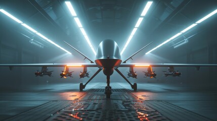Drone equipped with advanced weaponry in a high-tech hangar, showcasing modern military technology and innovation