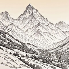 Stunning black, white drawing of majestic mountain range. Various contexts such as travel brochures, website banners for adventure tourism, in articles about road trips through mountainous regions.