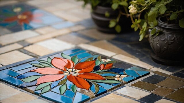 A close-up shot of a stone patio with a beautiful tile inlay depicting a floral pattern. Flower pattern. Tile pattern. 
