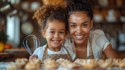 A little chef in training, whisk in hand, stands beside her mother as they mix cookie dough together, a scene of shared learning and love  - obrazy, fototapety, plakaty