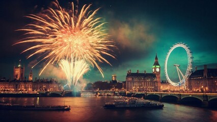 Fireworks lighting up the London Eye. Fireworks offer a spectacular display of colors and light. Festive moments, joyous nights, entertainment, and night sky. - obrazy, fototapety, plakaty