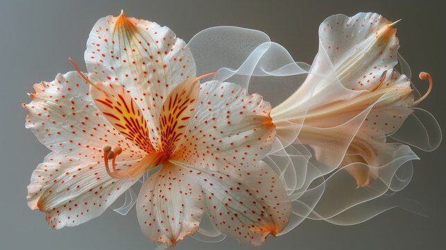 a close up of a white and orange flower with red spots on it's petals and a gray background.
