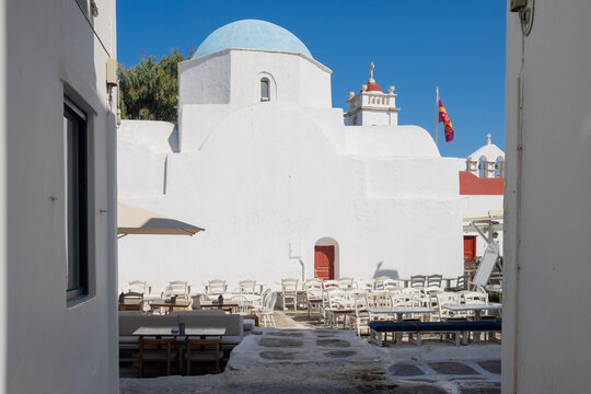 Blue dome church and  at Mykonos, Greek Island 